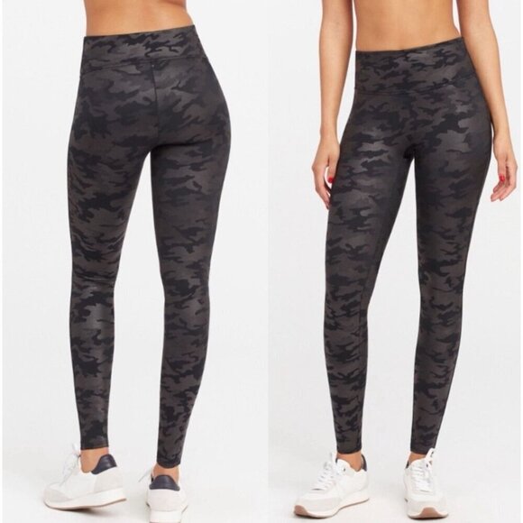 Black Spanx Camouflage Faux Leather High Waist Shapewear Leggings Camo Shine M - Picture 2 of 7